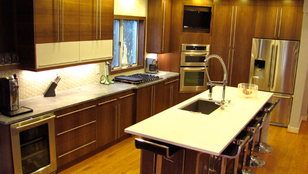 Quarter Cut Walnut Reface with Quartz and Soapstone Countertops